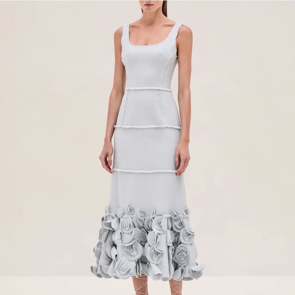 Alexis Light Gray Midi Dress with Floral Accents